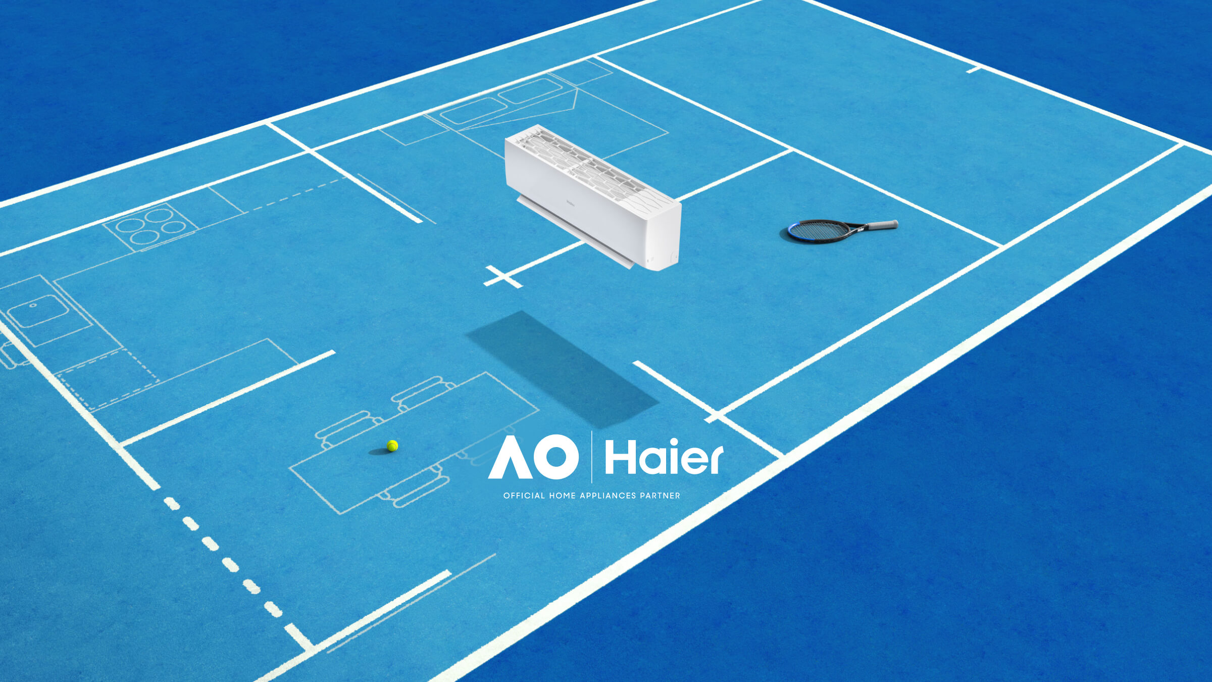 Haier Australian Open Image with tennis balls, rackets and Haier Appliances